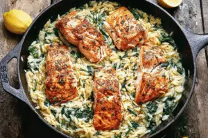 One Skillet Salmon With Lemon Orzo