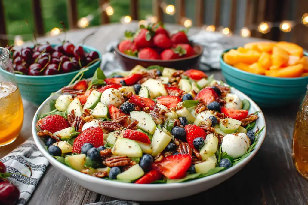 A summer outdoor dining scene with various colorful salads served family-style on a patio table A summer outdoor dining scene with various colorful salads served family-style on a patio table