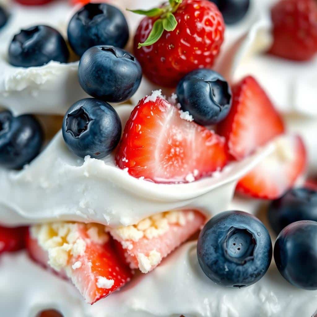 Close-up of berry trifle layers showing cream, cake, and berries Close-up of berry trifle layers showing cream, cake, and berries