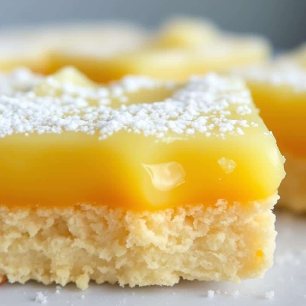 Close-up of lemon bar texture showing shortbread crust and lemon filling Close-up of lemon bar texture showing shortbread crust and lemon filling