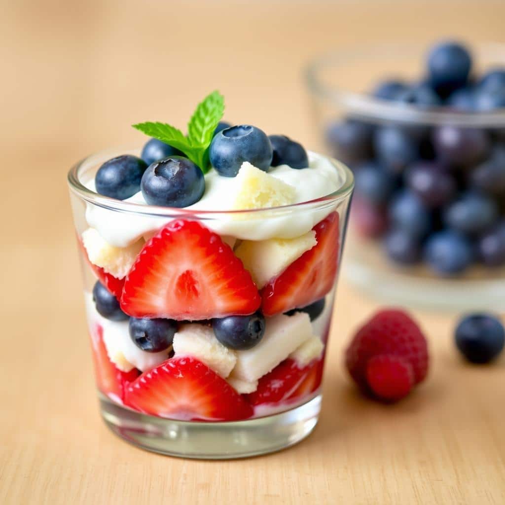 Individual serving of berry trifle in a small glass Individual serving of berry trifle in a small glass