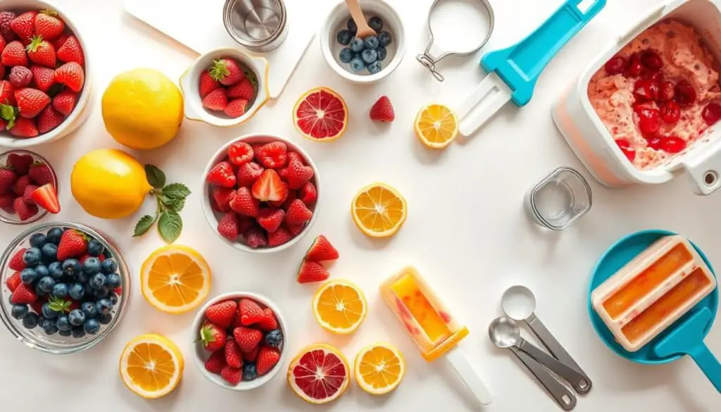 Summer dessert ingredients and tools arranged on a kitchen counter Summer dessert ingredients and tools arranged on a kitchen counter