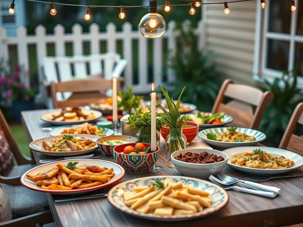 Summer outdoor dining table set with comfort food dishes and fresh garnishes