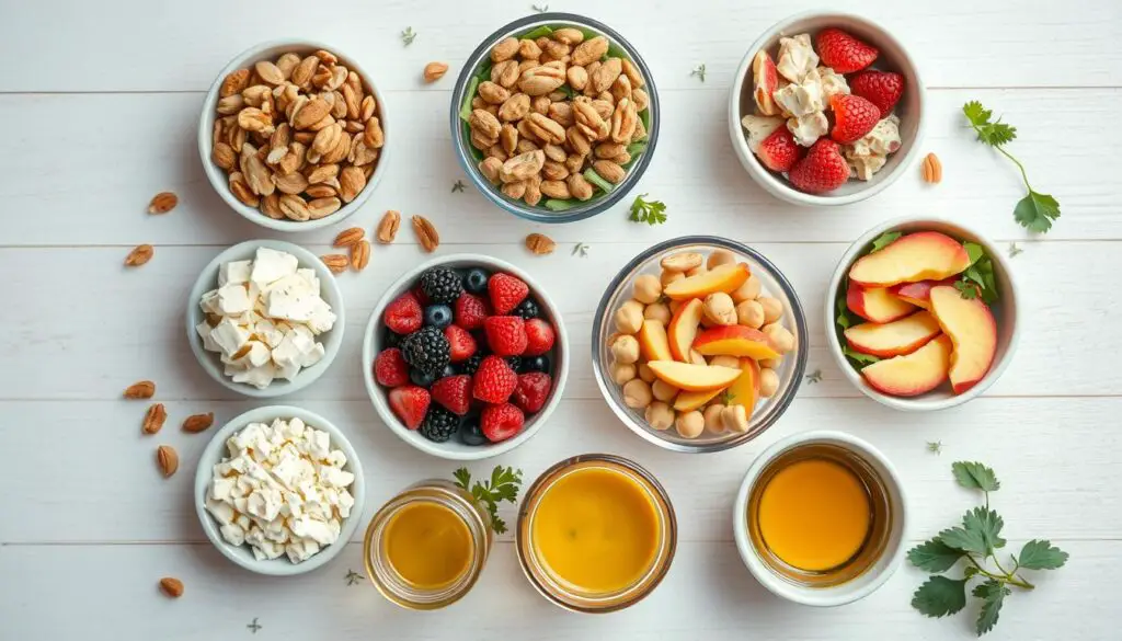 Various salad ingredients and toppings arranged for customization including nuts, cheeses, fruits and dressings Various salad ingredients and toppings arranged for customization including nuts, cheeses, fruits and dressings